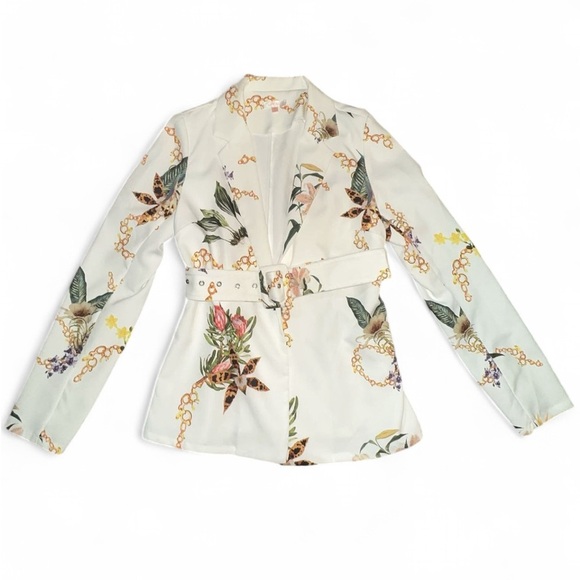 LUXXEL Floral Chain Print Blazer & Shorts Set Belted + High Waist Short Size S - Picture 2 of 9